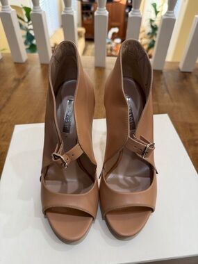 Casadei Nude Tan Open-Toe Buckle Ankle Heels